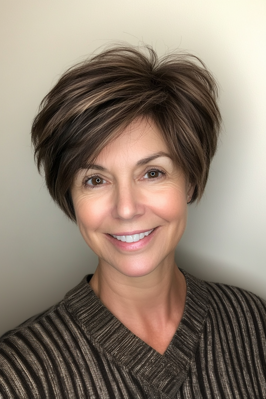 14. Sculpted Pixie in Deep Brown (Hairstyles For Women Over 50 With Thin Hair) - Hairstyles For Women Over 50 With Thin Hair