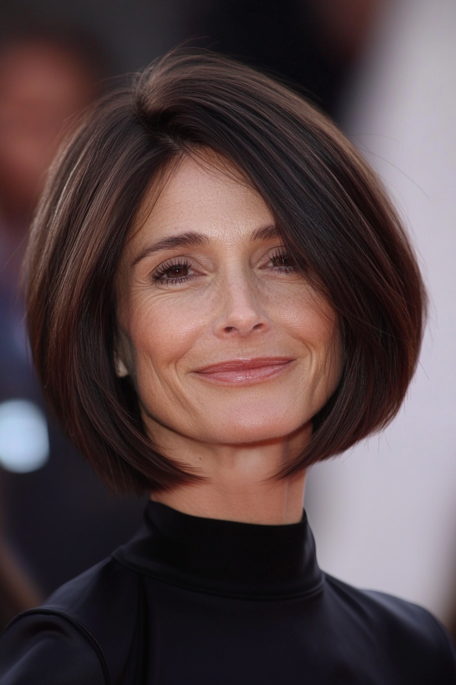 16. Angled Bob in Cocoa Brown (Hairstyles For Women Over 50 With Thin Hair) - Hairstyles For Women Over 50 With Thin Hair