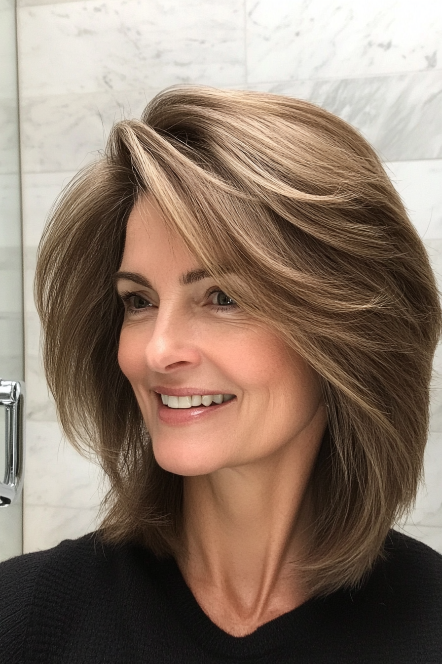 17. Classic Shag in Light Brown with Subtle Highlights (Hairstyles For Women Over 50 With Thin Hair) - Hairstyles For Women Over 50 With Thin Hair