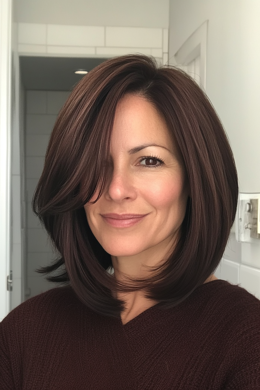 18. Neck-Length Cut in Deep Mahogany (Hairstyles For Women Over 50 With Thin Hair) - Hairstyles For Women Over 50 With Thin Hair