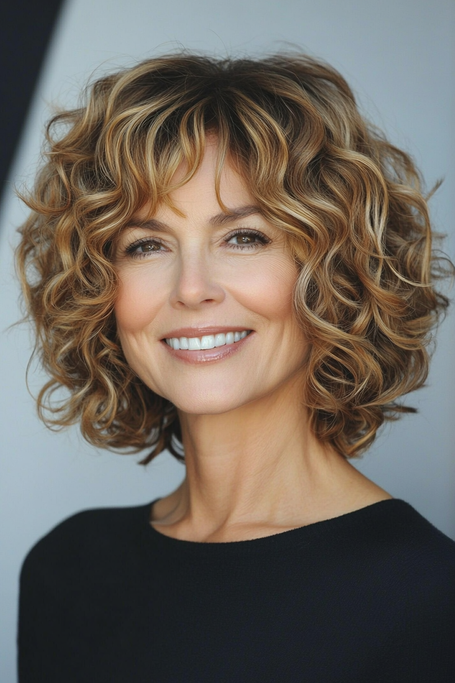 19. Curly Bob in Soft Caramel (Hairstyles For Women Over 50 With Thin Hair) - Hairstyles For Women Over 50 With Thin Hair