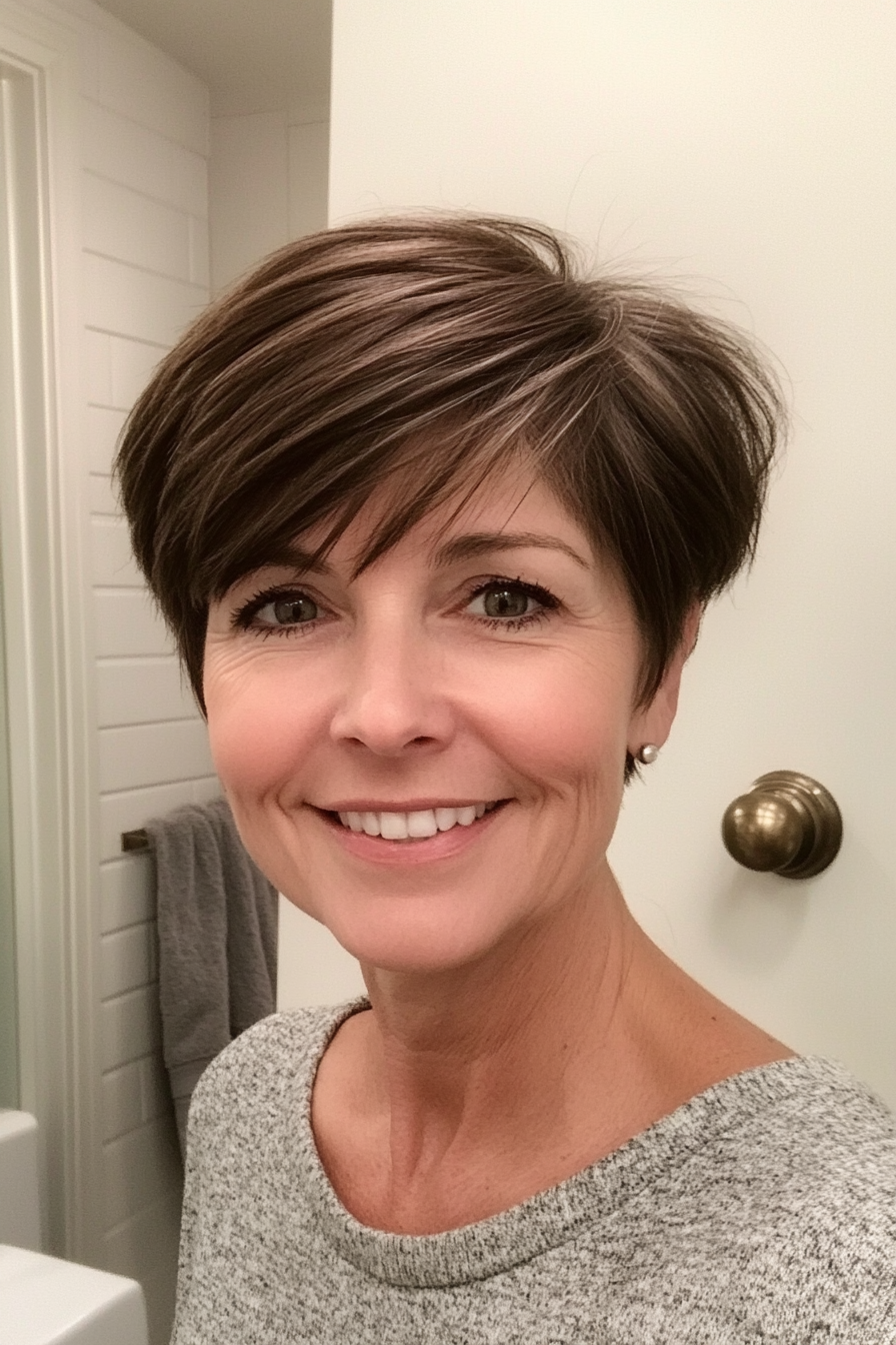 20. Pixie Cut with Side Bangs in Natural Dark Brown (Hairstyles For Women Over 50 With Thin Hair) - Hairstyles For Women Over 50 With Thin Hair