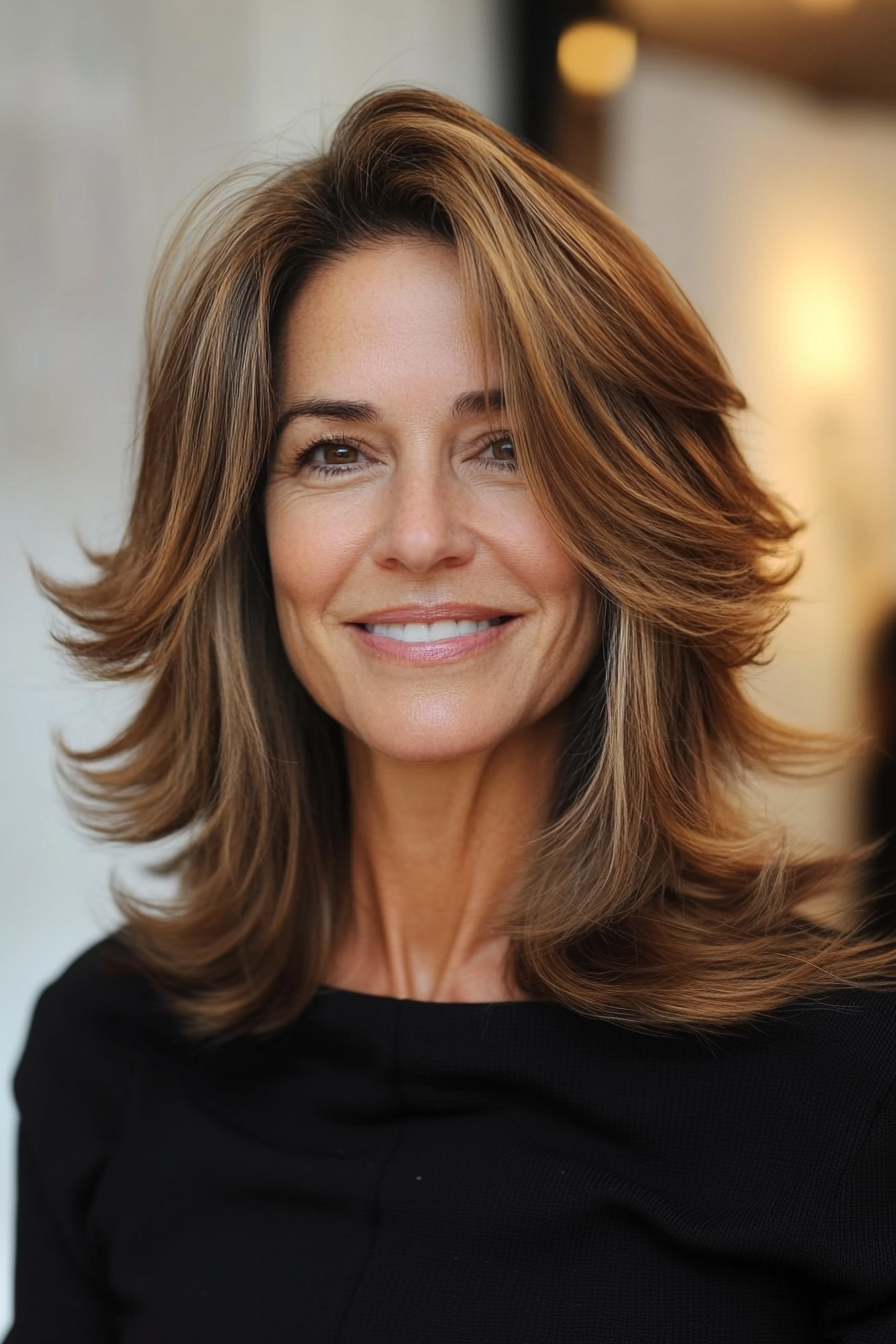21. Shoulder-Length Flip in Warm Honey Brown (Hairstyles For Women Over 50 With Thin Hair) - Hairstyles For Women Over 50 With Thin Hair