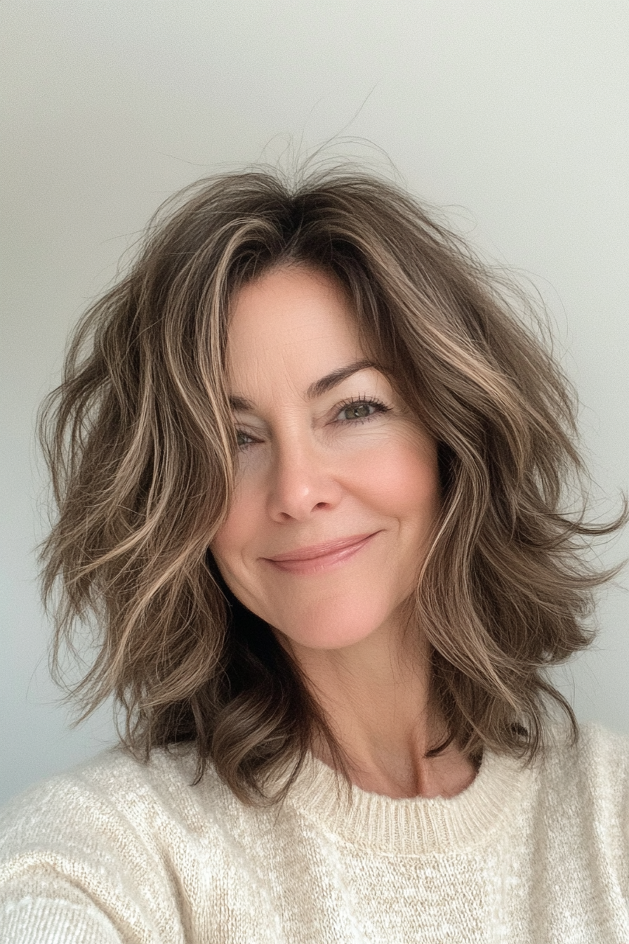 24. Messy Layered Lob in Cool Brunette (Hairstyles For Women Over 50 With Thin Hair) - Hairstyles For Women Over 50 With Thin Hair