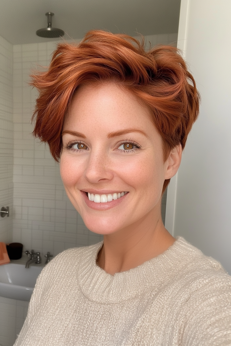 23. Fluffy Pixie Cut in Chestnut Auburn (Short Hairstyles With Layers) - Short Hairstyles With Layers