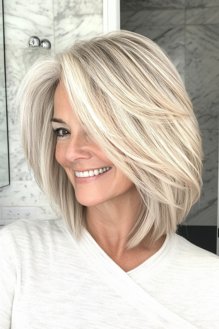 1. Feathered Bob in Ash Blonde (Layered Haircuts For Older Women) - Layered Haircuts For Older Women