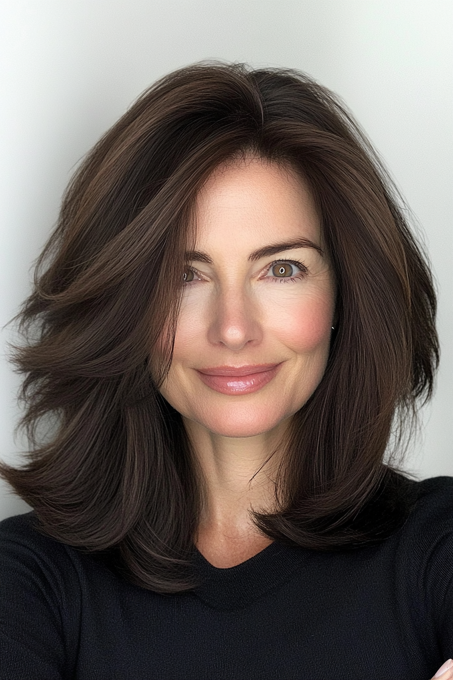 5. Classic Lob with Soft Layers in Chocolate Brown (Layered Haircuts For Older Women) - Layered Haircuts For Older Women