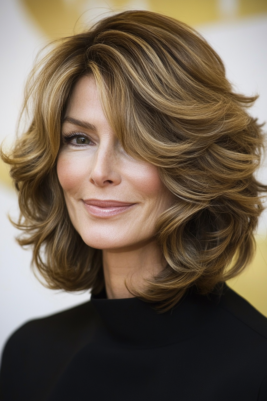 8. Curled Layered Bob in Honey Brown (Layered Haircuts For Older Women) - Layered Haircuts For Older Women