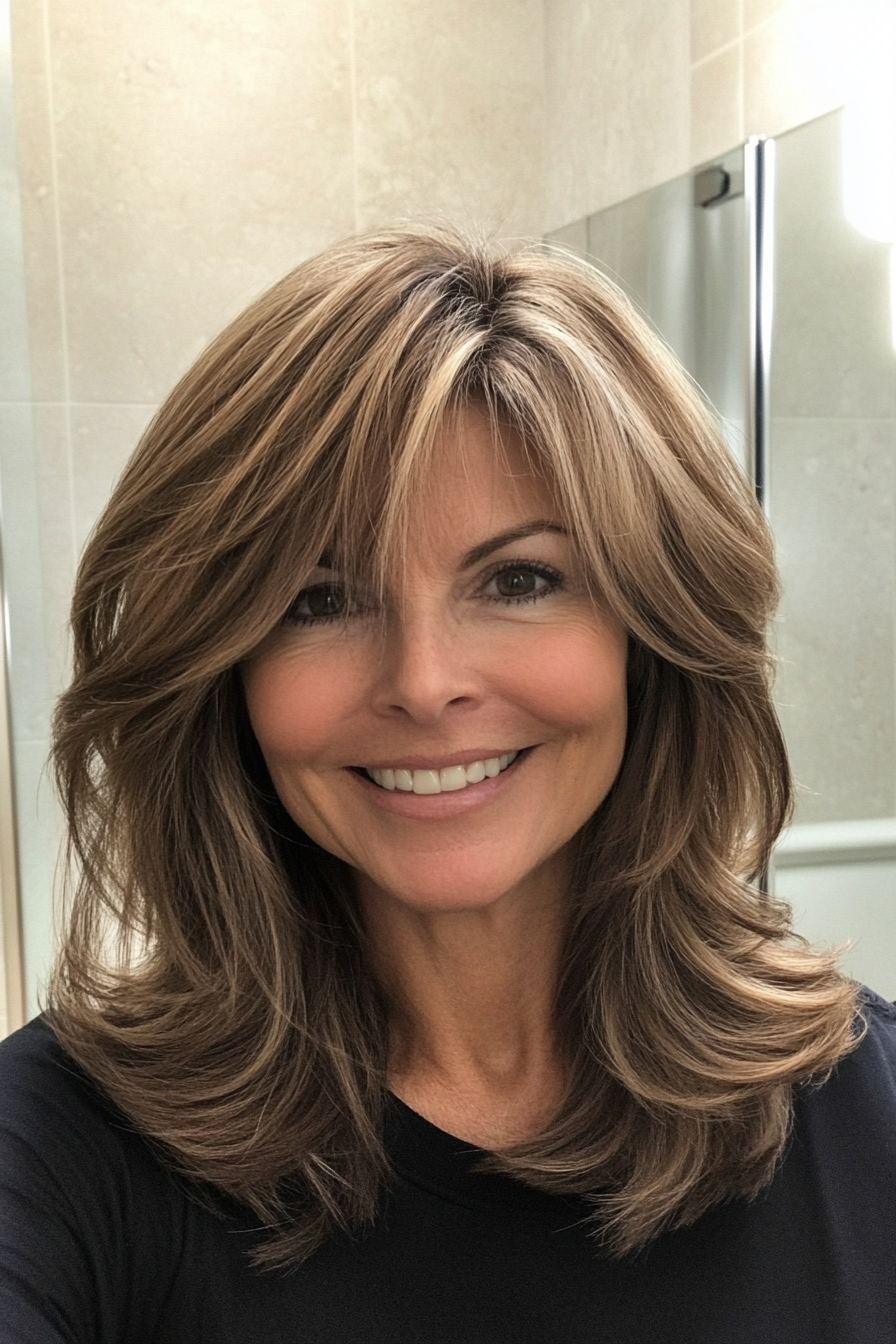 10. Medium-Length Layers with Side Bangs in Warm Mocha (Layered Haircuts For Older Women) - Layered Haircuts For Older Women
