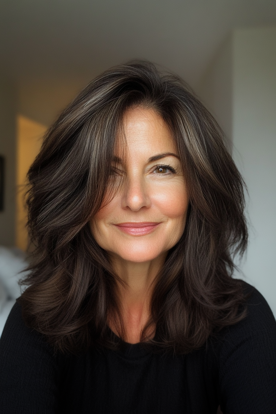 11. Textured Layers in Dark Espresso (Layered Haircuts For Older Women) - Layered Haircuts For Older Women