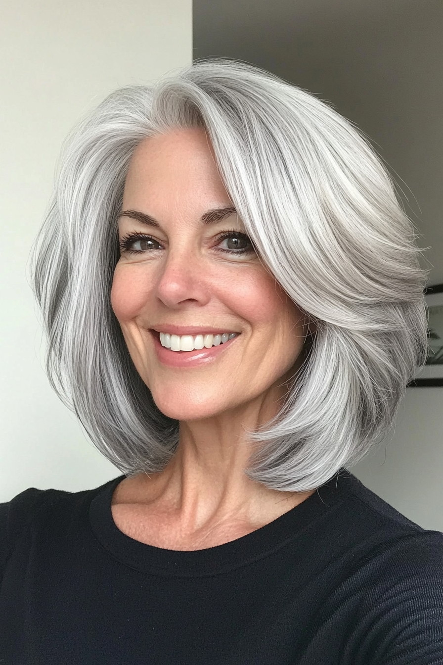 13. Voluminous Layered Bob in Smoky Silver (Layered Haircuts For Older Women) - Layered Haircuts For Older Women
