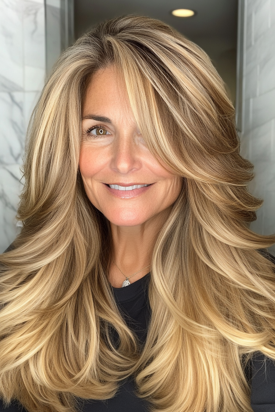 16. Long Layered Cut with Soft Waves in Golden Brown (Layered Haircuts For Older Women) - Layered Haircuts For Older Women