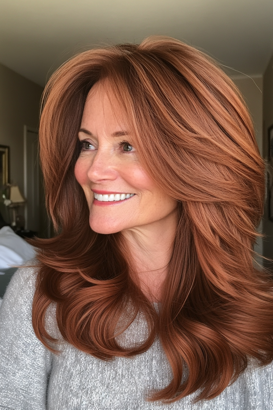 18. Side-Swept Layered Cut in Rich Cinnamon (Layered Haircuts For Older Women) - Layered Haircuts For Older Women