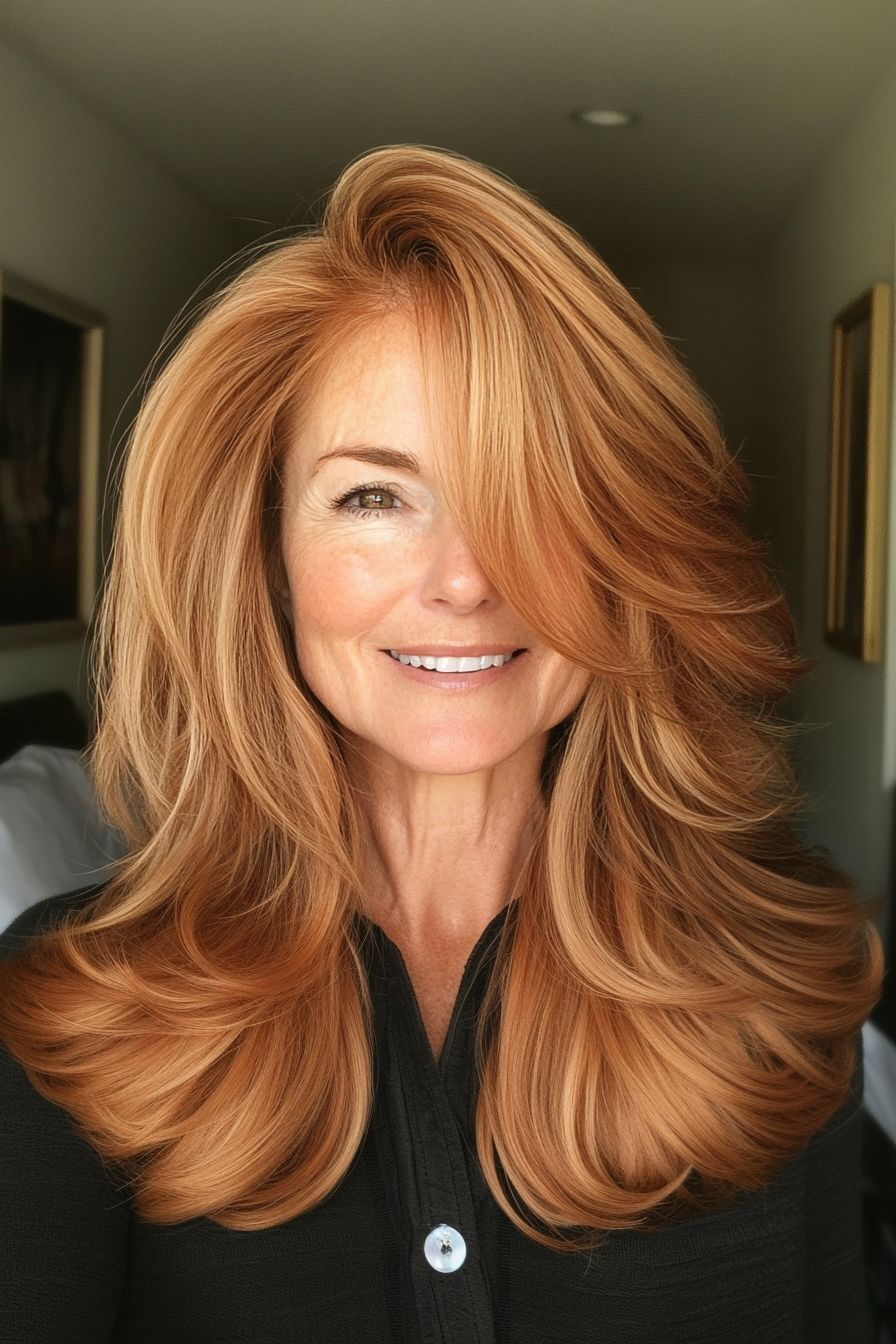 19. Elegant Feathered Cut in Light Chestnut (Layered Haircuts For Older Women) - Layered Haircuts For Older Women