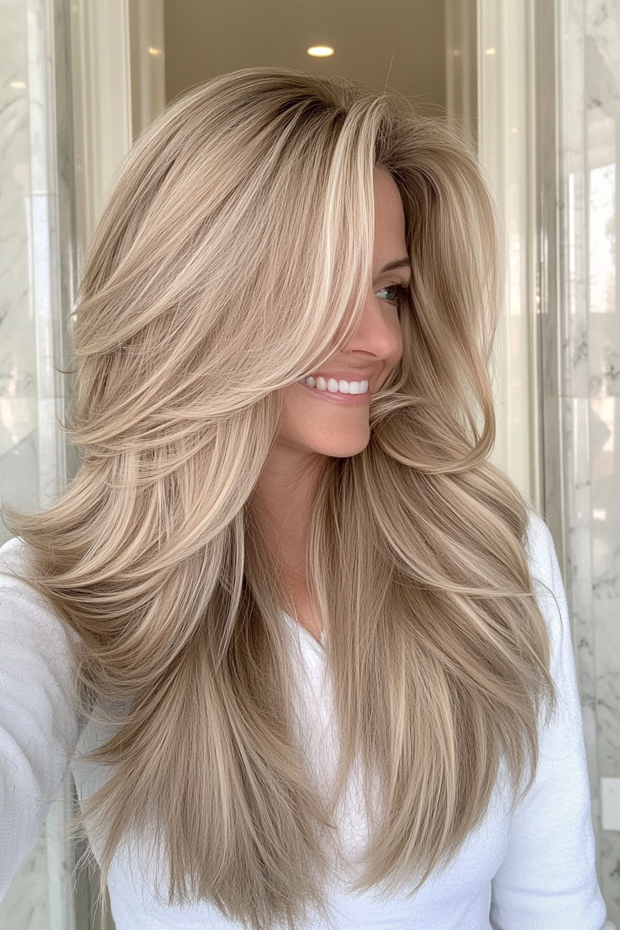 20. Flowing Layers in Cool Beige Blonde (Layered Haircuts For Older Women) - Layered Haircuts For Older Women