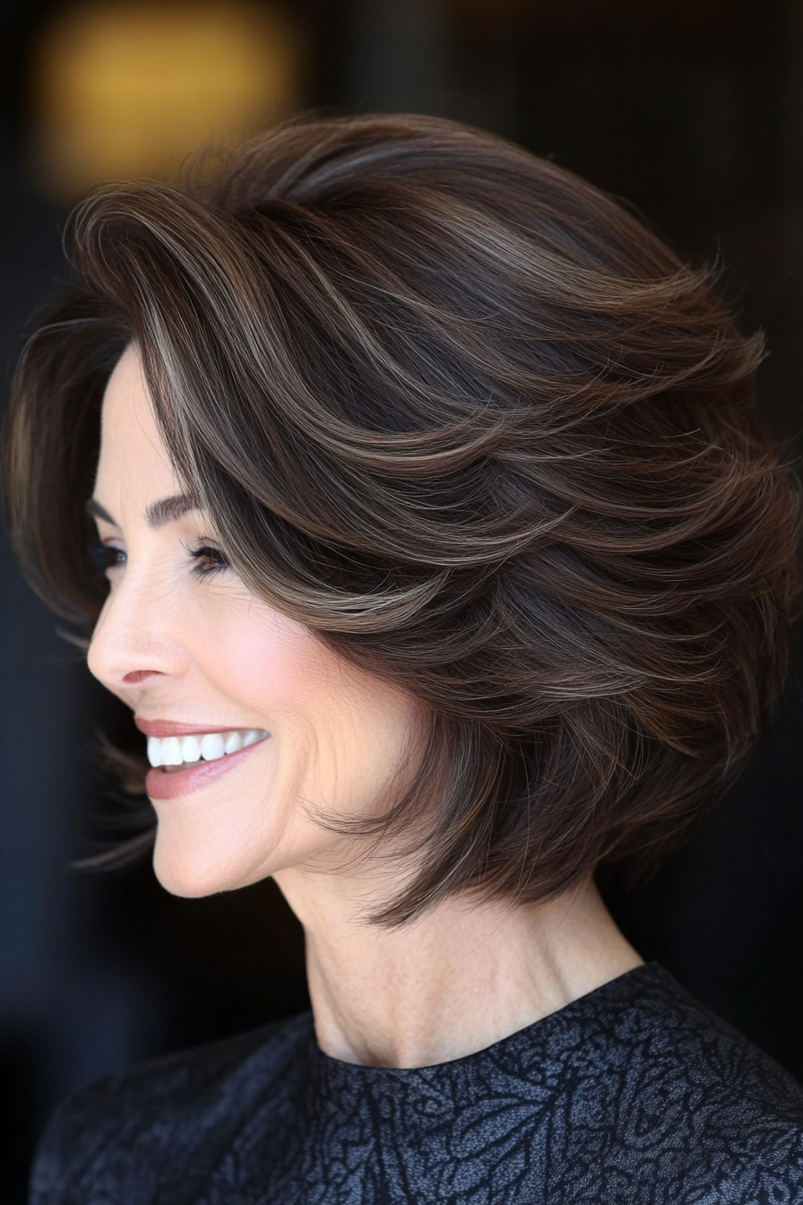 21. Rounded Bob with Stacked Layers in Dark Mocha (Layered Haircuts For Older Women) - Layered Haircuts For Older Women