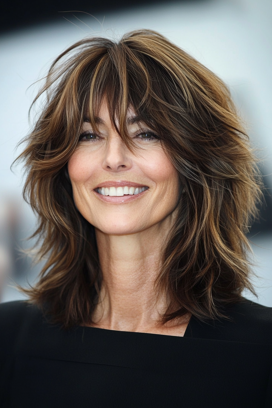 22. Shaggy Shoulder-Length Cut in Soft Walnut (Layered Haircuts For Older Women) - Layered Haircuts For Older Women