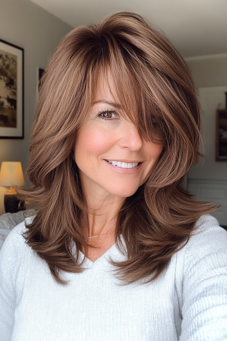 24. Layered Mid-Length Cut with Curtain Bangs in Chestnut Brown (Layered Haircuts For Older Women) - Layered Haircuts For Older Women