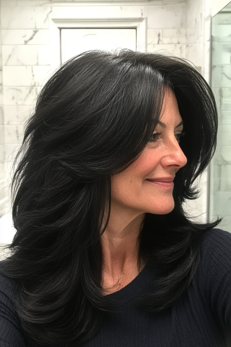 8. Natural Flow Shag in Pure Black (Shag Haircuts For Older Women) - Shag Haircuts For Older Women