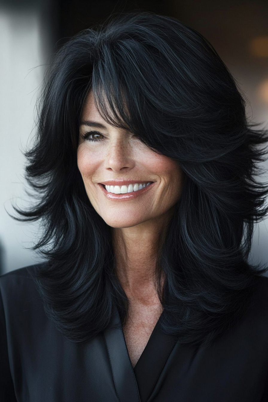 15. Polished Layered Shag in Deep Black (Shag Haircuts For Older Women) - Shag Haircuts For Older Women