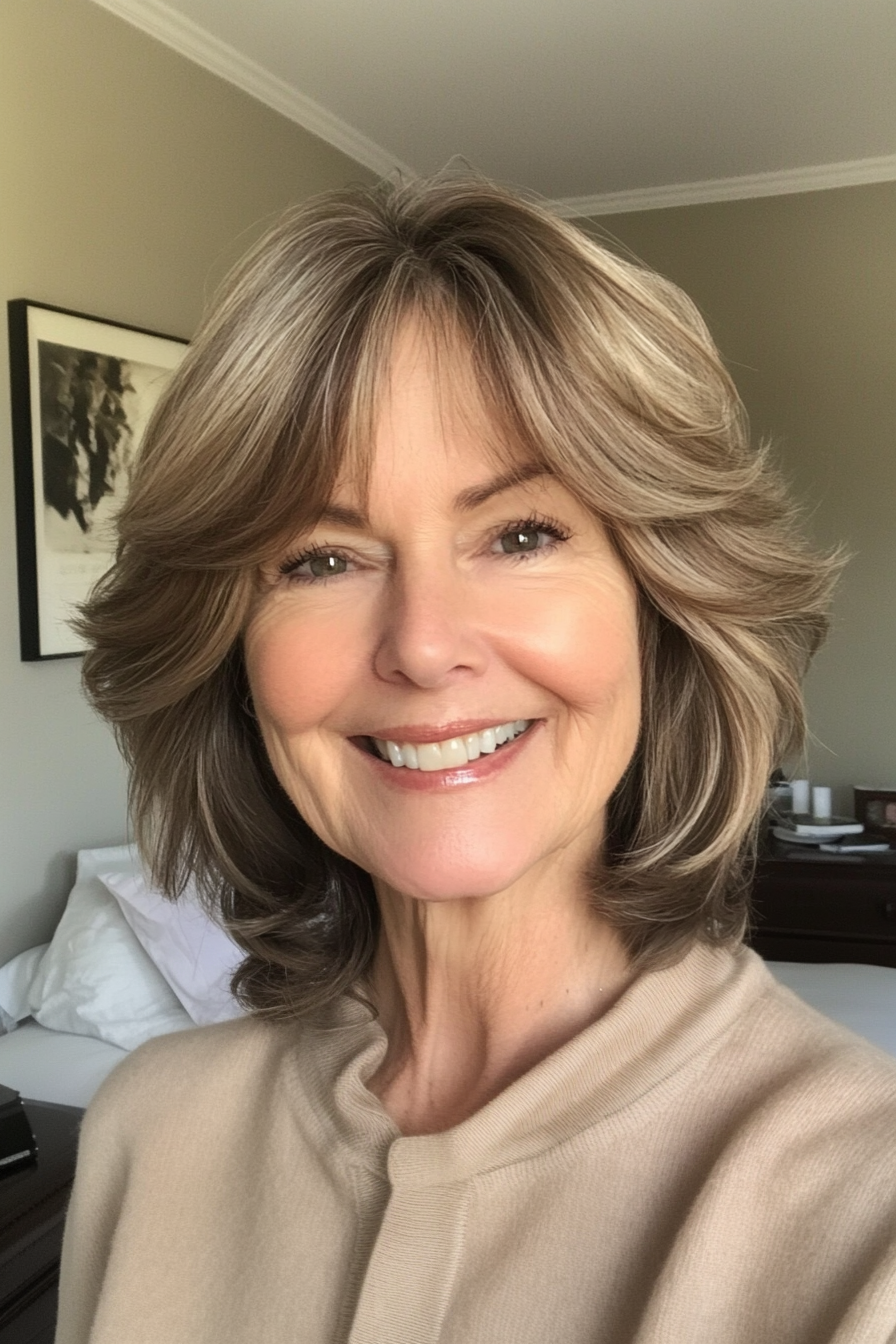 23. Versatile Parted Shag in Light Brown (Shag Haircuts For Older Women) - Shag Haircuts For Older Women