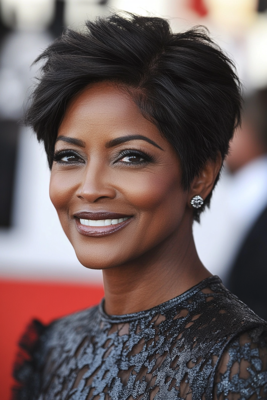 2. Layered Pixie in Ebony Black (Short Hairstyles For Older Women With Thick Hair) - Short Hairstyles For Older Women With Thick Hair