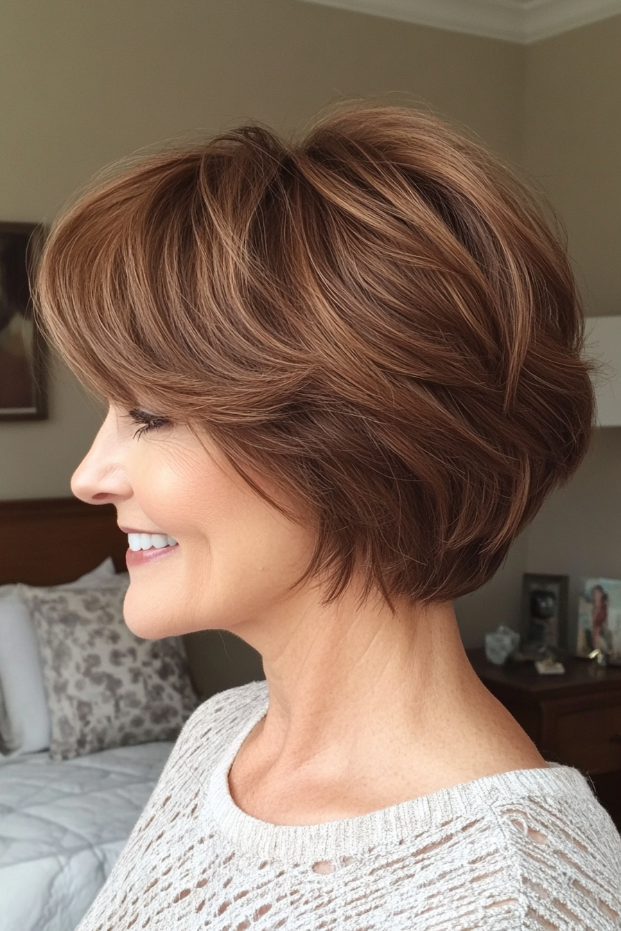 3. Sleek Short Shag in Chestnut Brown (Short Hairstyles For Older Women With Thick Hair) - Short Hairstyles For Older Women With Thick Hair