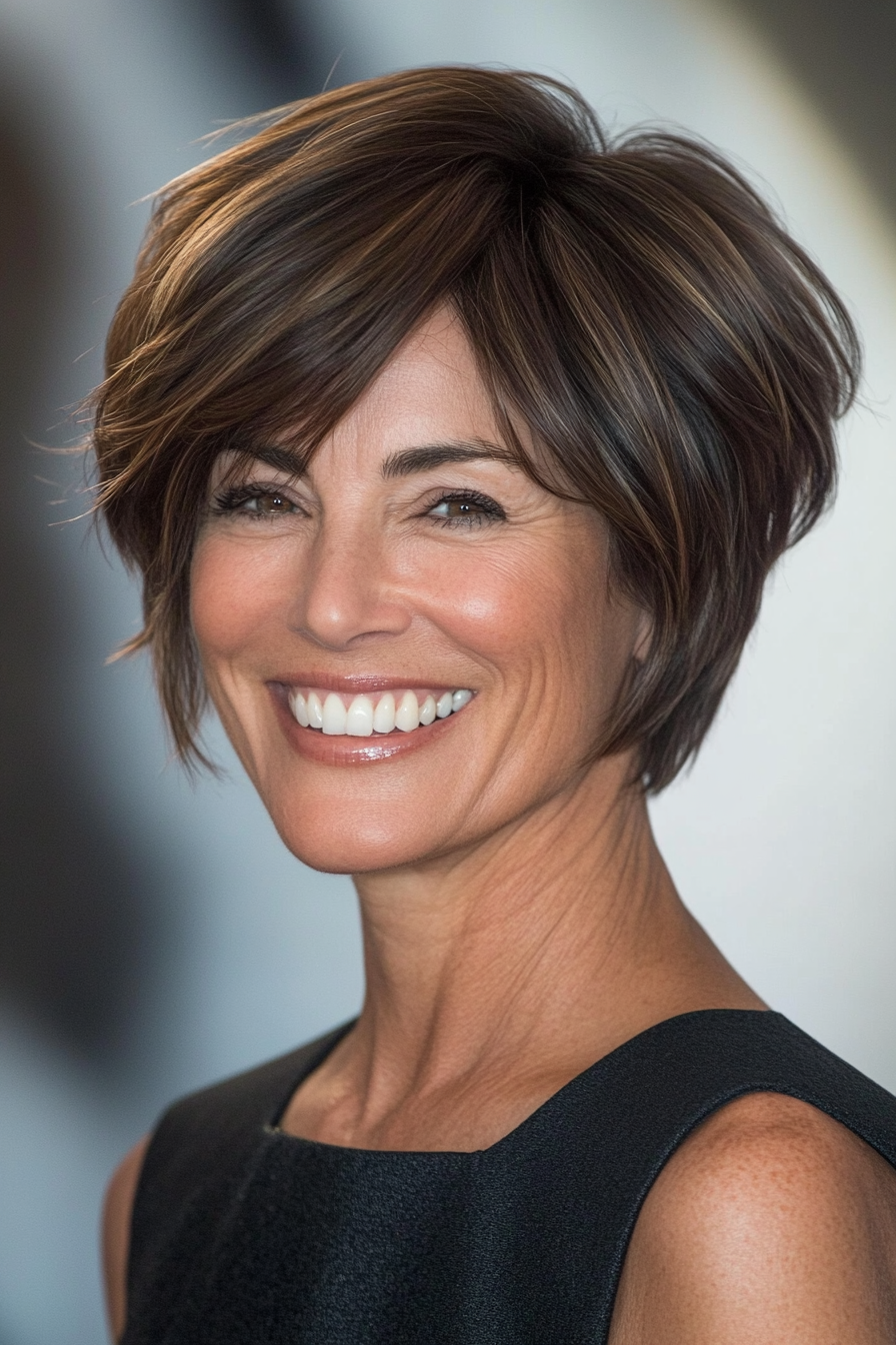 4. Modern Asymmetrical Cut in Rich Brunette (Short Hairstyles For Older Women With Thick Hair) - Short Hairstyles For Older Women With Thick Hair