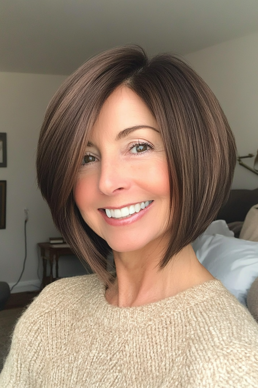 8. Structured Angled Bob in Medium Brown (Short Hairstyles For Older Women With Thick Hair) - Short Hairstyles For Older Women With Thick Hair