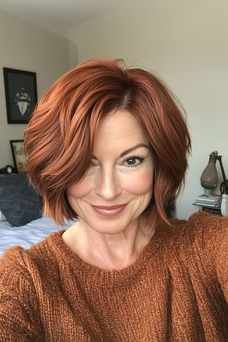 10. Voluminous Textured Bob in Natural Auburn (Short Hairstyles For Older Women With Thick Hair) - Short Hairstyles For Older Women With Thick Hair