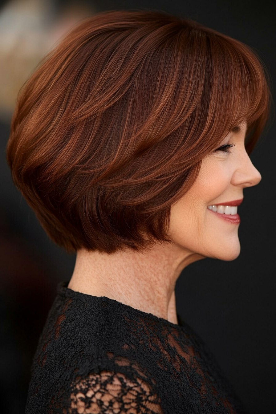 13. Dynamic Bob with Layered Bangs in Dark Auburn (Short Hairstyles For Older Women With Thick Hair) - Short Hairstyles For Older Women With Thick Hair