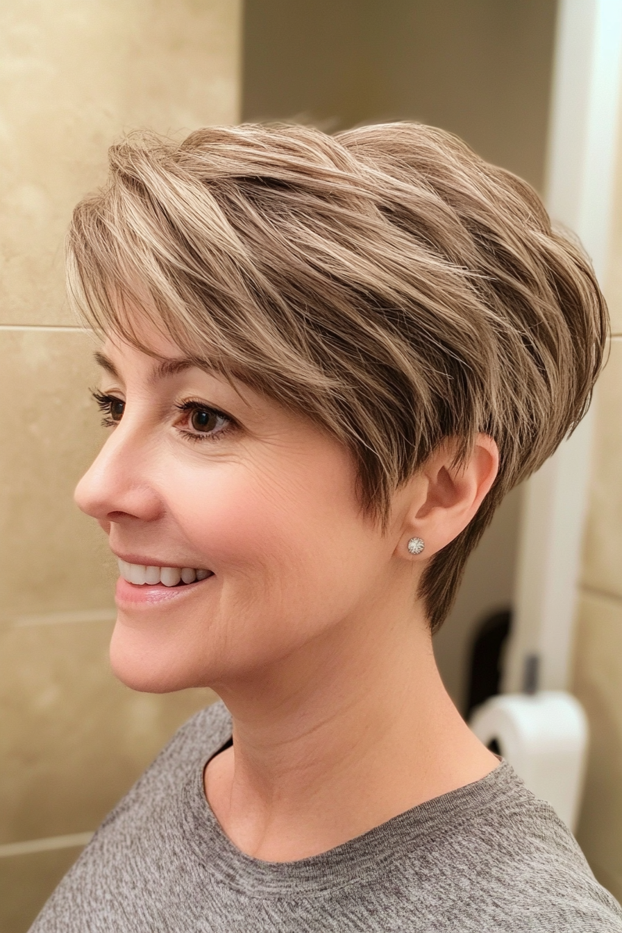 14. Polished Short Pixie with Volume in Light Brown (Short Hairstyles For Older Women With Thick Hair) - Short Hairstyles For Older Women With Thick Hair