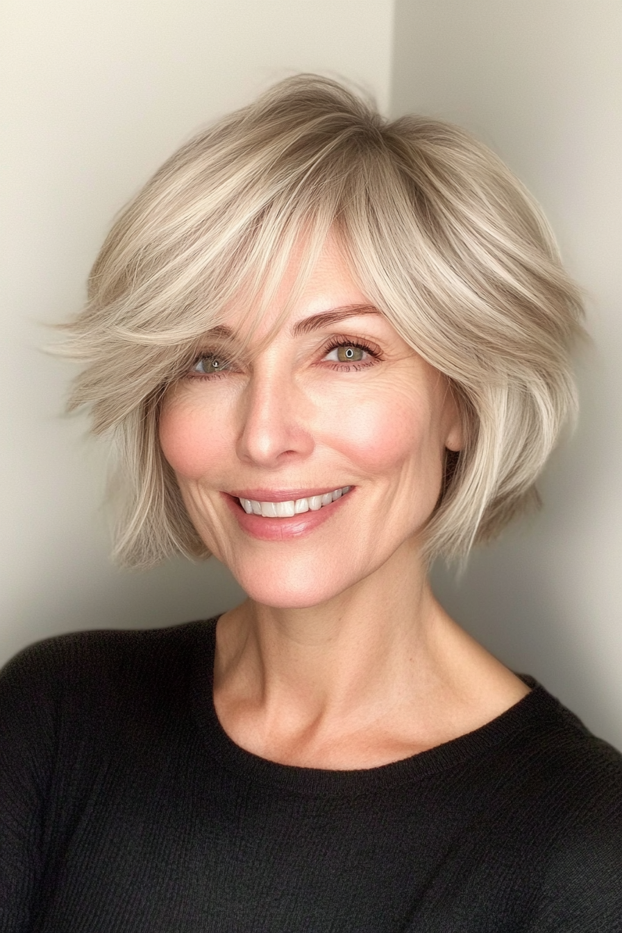 15. Chic Layered Cut with Wispy Ends in Natural Blonde (Short Hairstyles For Older Women With Thick Hair) - Short Hairstyles For Older Women With Thick Hair
