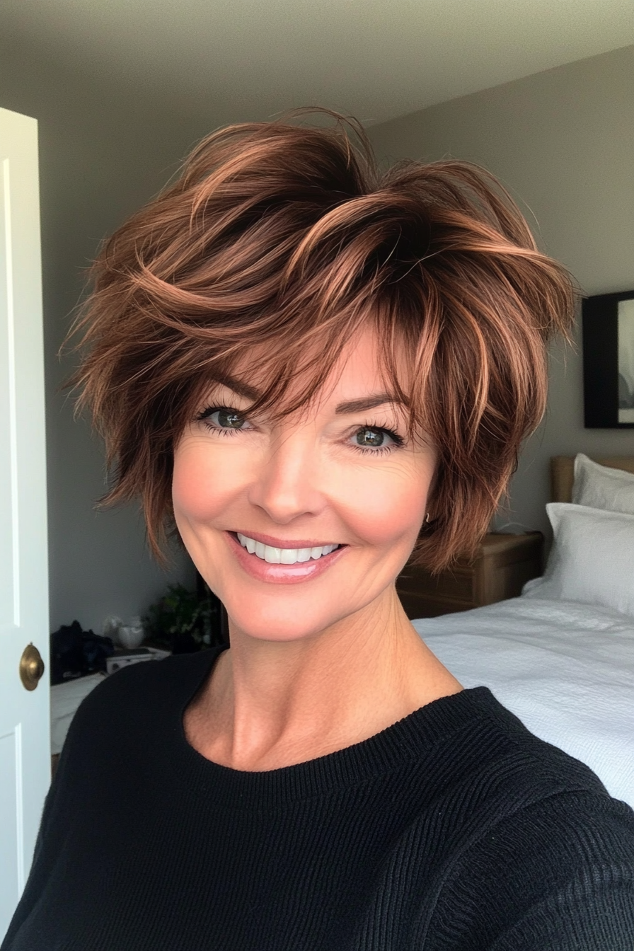 18. Modern Shaggy Pixie with Tousled Texture in Rich Chestnut (Short Hairstyles For Older Women With Thick Hair) - Short Hairstyles For Older Women With Thick Hair