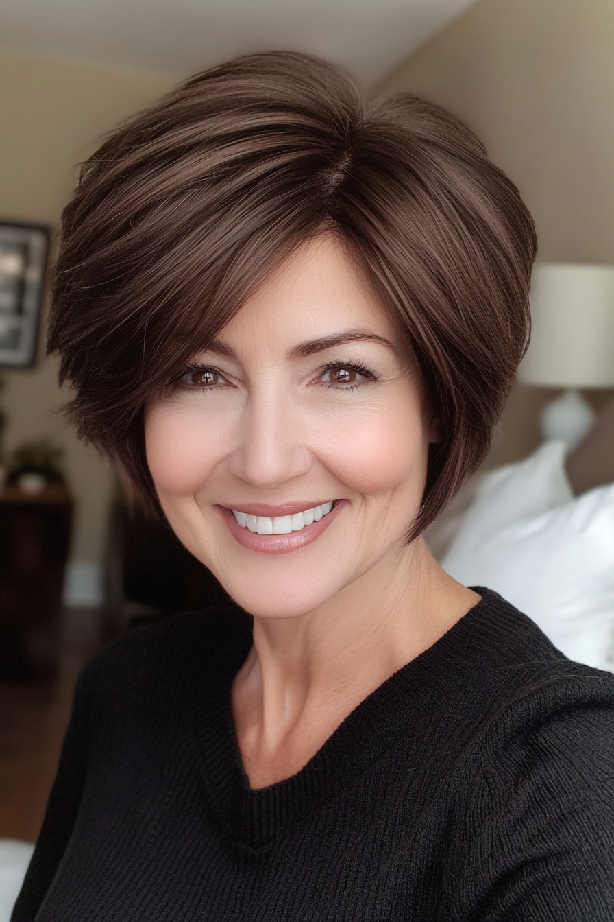 20. Rounded Pixie with Soft Edges in Deep Espresso (Short Hairstyles For Older Women With Thick Hair) - Short Hairstyles For Older Women With Thick Hair