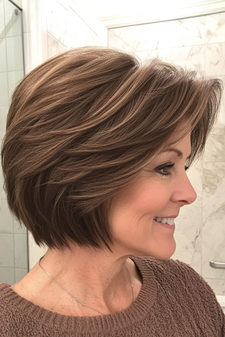 21. Feathered Bob with Volume in Classic Brown (Short Hairstyles For Older Women With Thick Hair) - Short Hairstyles For Older Women With Thick Hair