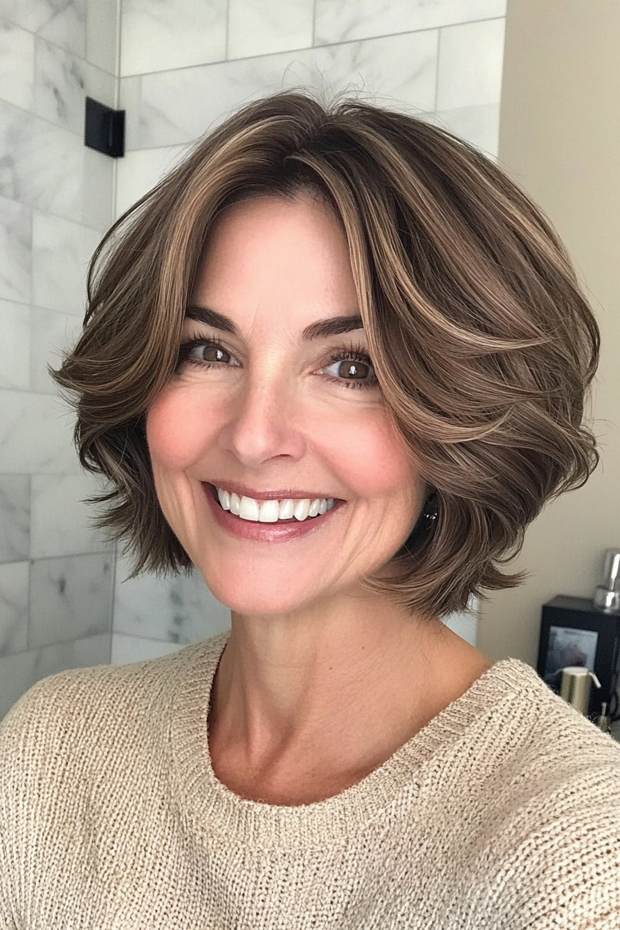 24. Layered Bob with Soft Waves in Muted Brunette (Short Hairstyles For Older Women With Thick Hair) - Short Hairstyles For Older Women With Thick Hair