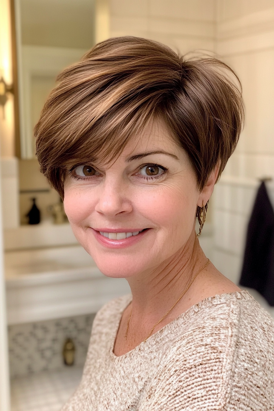 25. Stylish Asymmetrical Pixie with Bold Texture in Natural Chestnut (Short Hairstyles For Older Women With Thick Hair) - Short Hairstyles For Older Women With Thick Hair