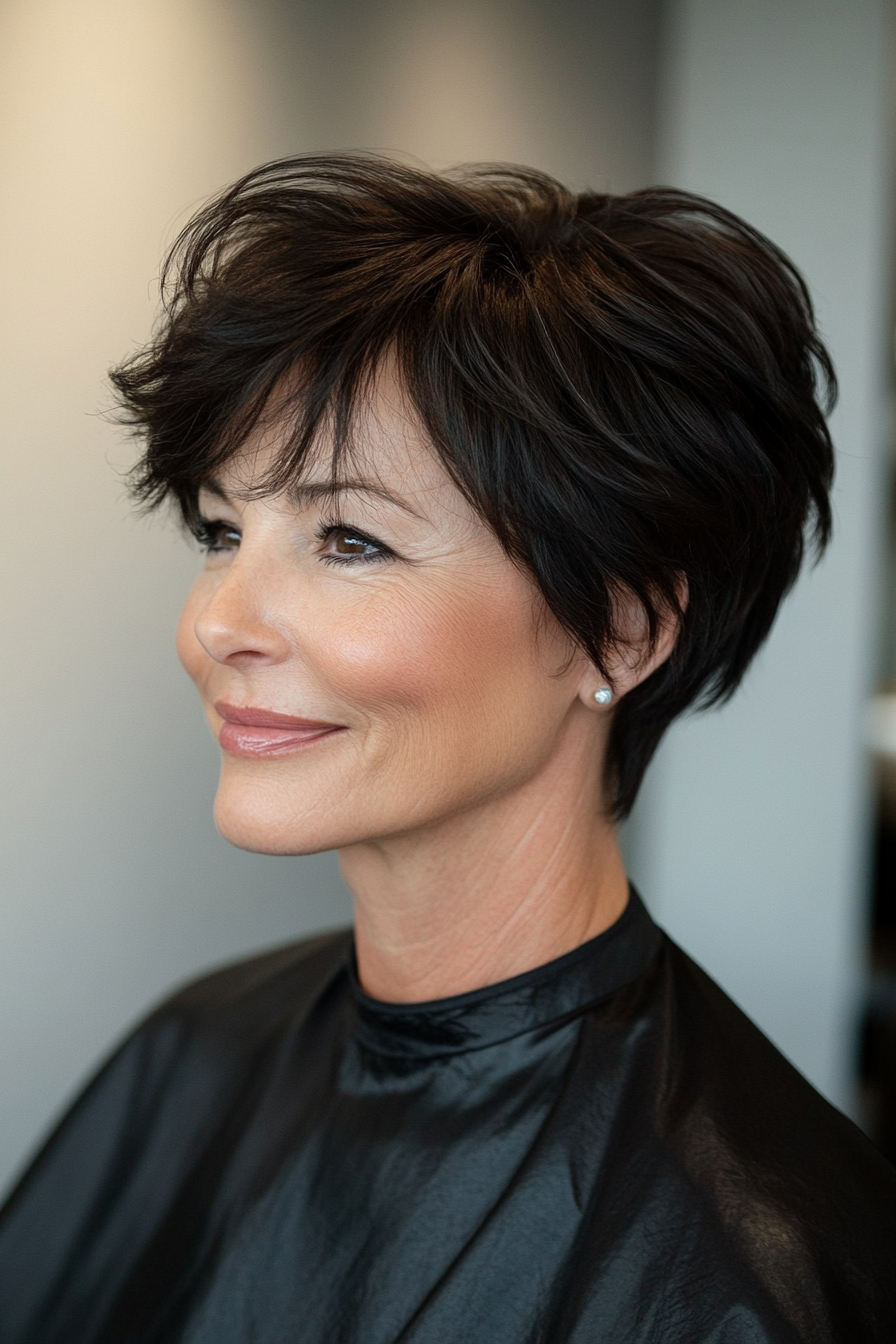 26. Effortless Short Crop with Multi-Layer Detailing in Soft Black (Short Hairstyles For Older Women With Thick Hair) - Short Hairstyles For Older Women With Thick Hair