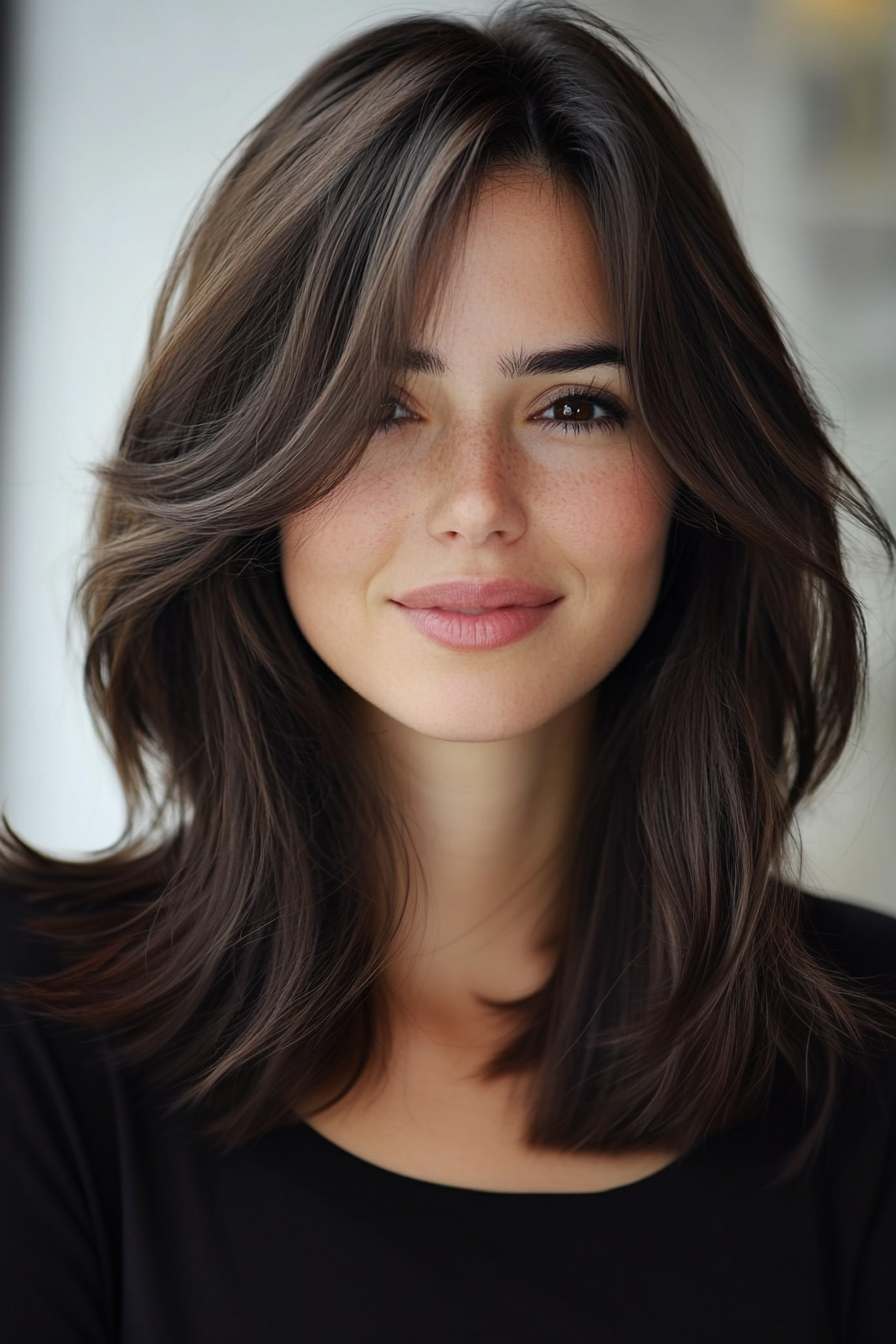 9. Dark Brown Feathered Layers (Medium Length Layered Haircuts) - Medium Length Layered Haircuts