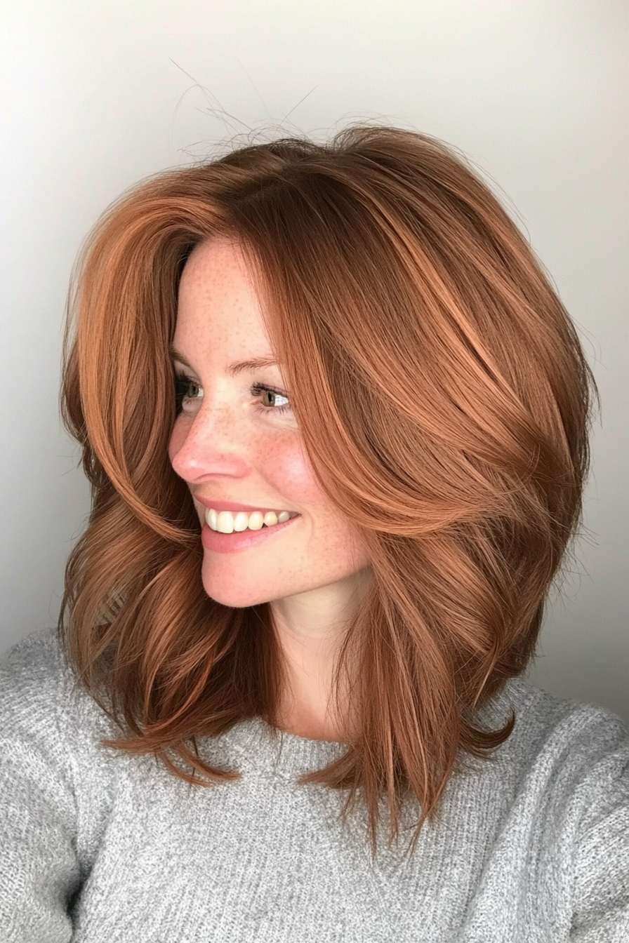 13. Auburn Blend Layered Lob (Medium Length Layered Haircuts) - Medium Length Layered Haircuts