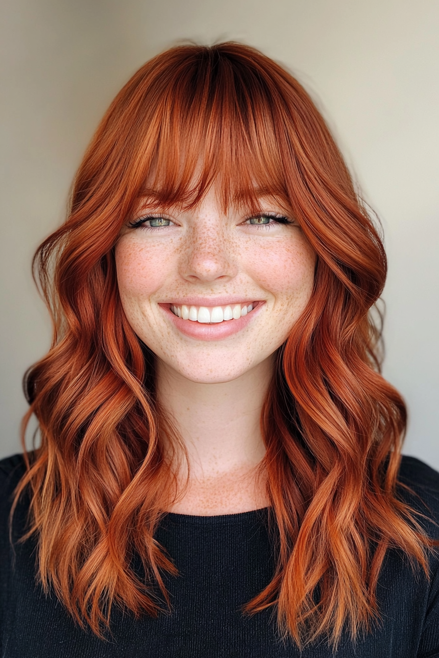 15. Red Copper Layered Fringe (Medium Length Layered Haircuts) - Medium Length Layered Haircuts