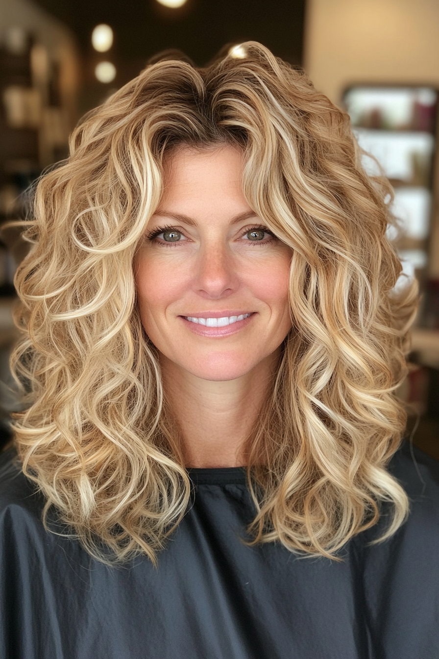 19. Layered Natural Blonde Curls (Medium Length Layered Haircuts) - Medium Length Layered Haircuts