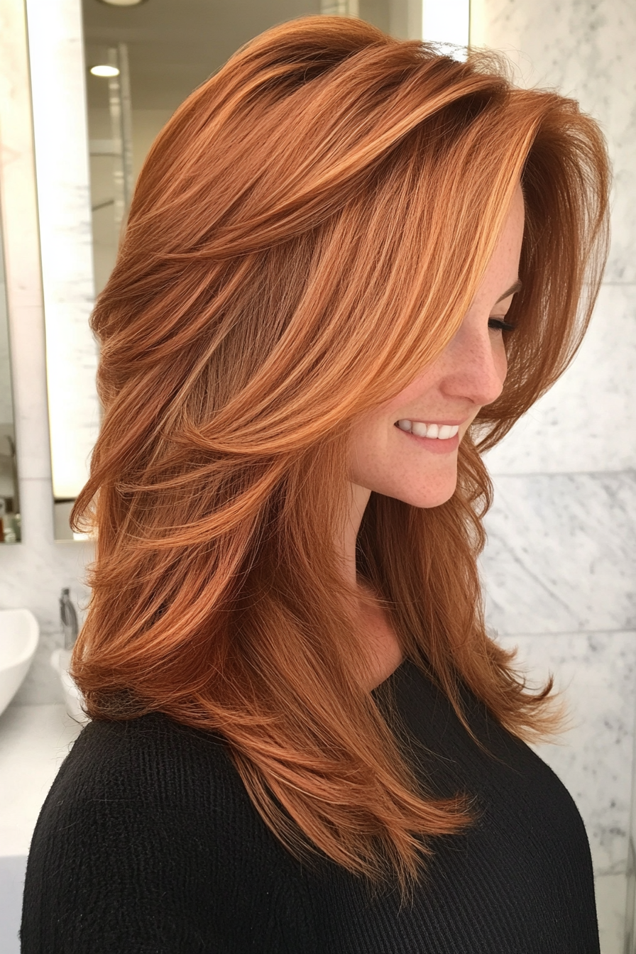 20. Sophisticated Auburn Layered Cut (Medium Length Layered Haircuts) - Medium Length Layered Haircuts