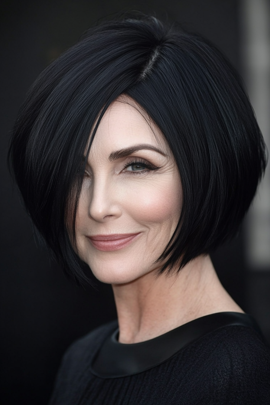 3. Asymmetrical Bob in Jet Black (Short Haircuts For Women Over 50) - Short Haircuts For Women Over 50