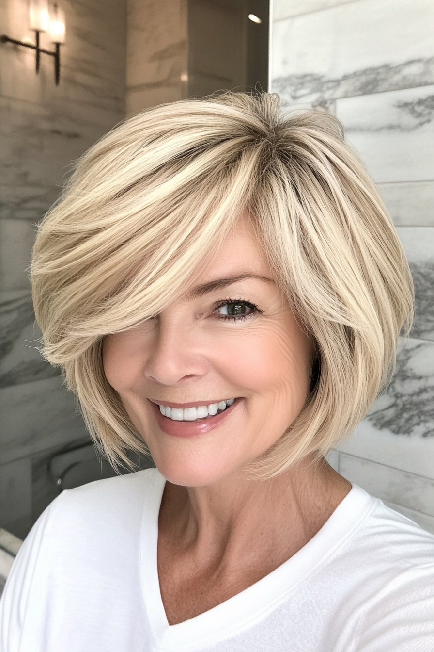 7. Feathered Bob in Sandy Blonde (Short Haircuts For Women Over 50) - Short Haircuts For Women Over 50