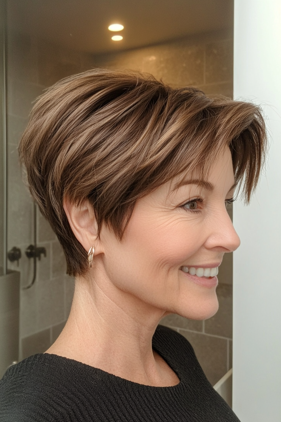 10. Layered Pixie with Volume in Natural Brown (Short Haircuts For Women Over 50) - Short Haircuts For Women Over 50