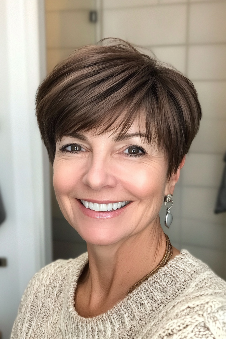 18. Chic Fringe Pixie in Classic Brown (Short Haircuts For Women Over 50) - Short Haircuts For Women Over 50