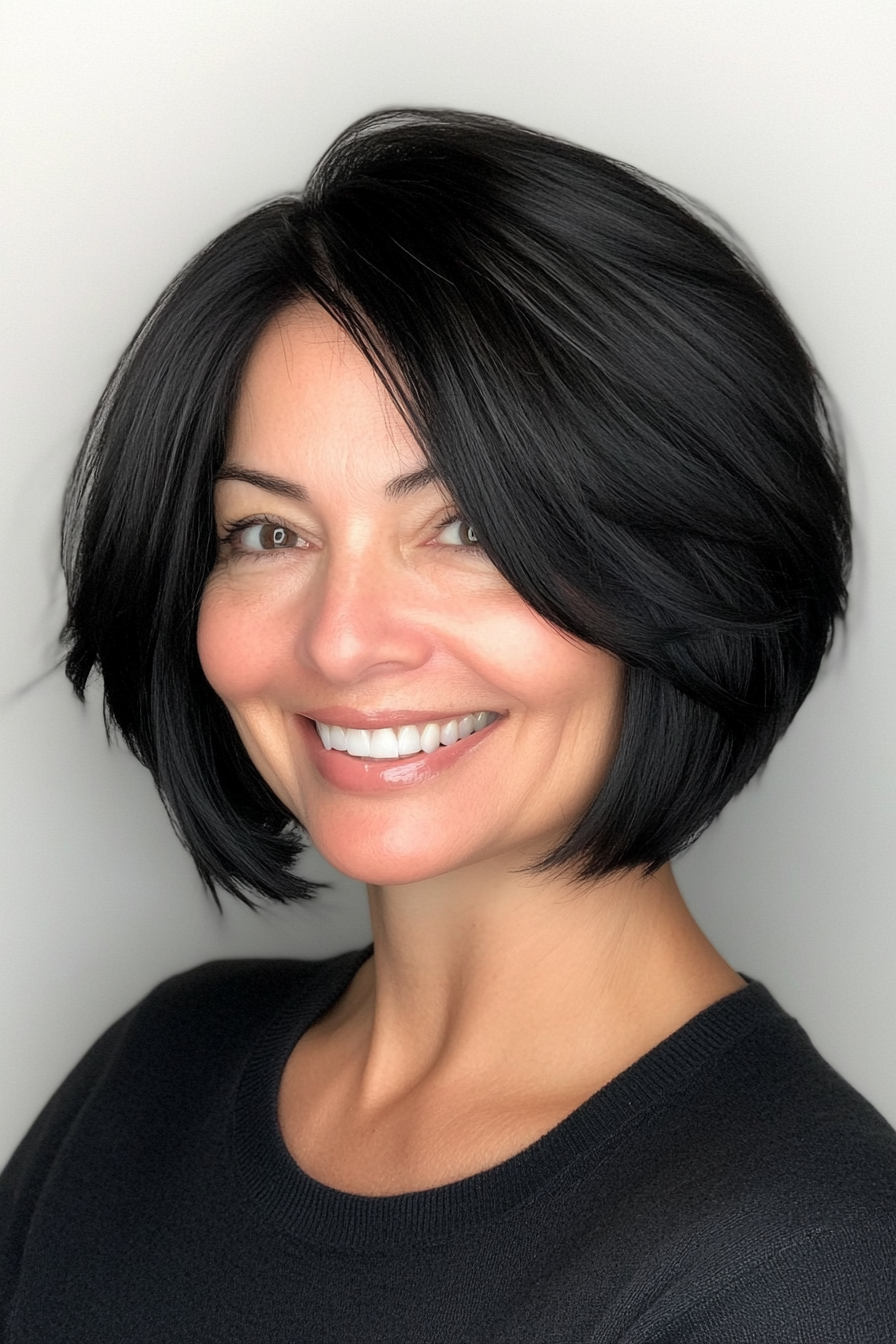 25. Modern Layered Bob in Deep Natural Black (Short Haircuts For Women Over 50) - Short Haircuts For Women Over 50