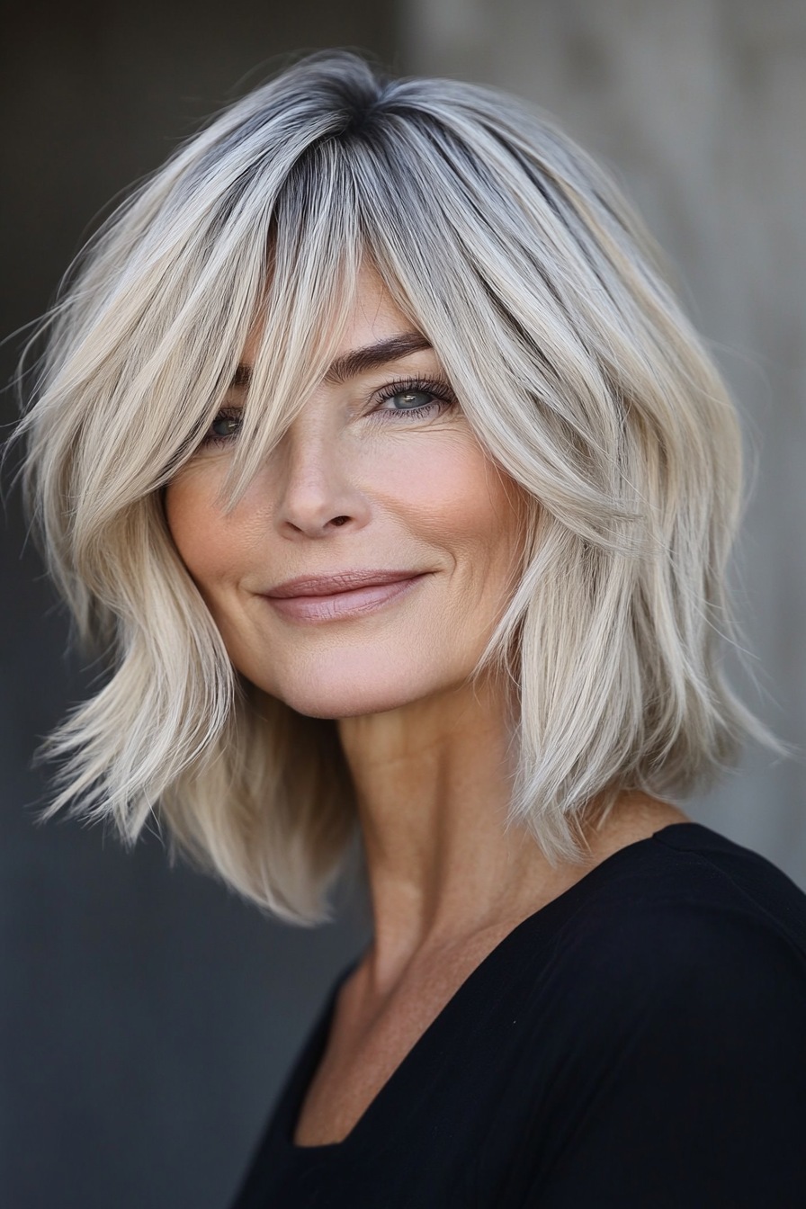 1. Soft Ash Blonde Bob with Side Bangs (Hairstyles With Bangs For Women Over 50) - Hairstyles With Bangs For Women Over 50